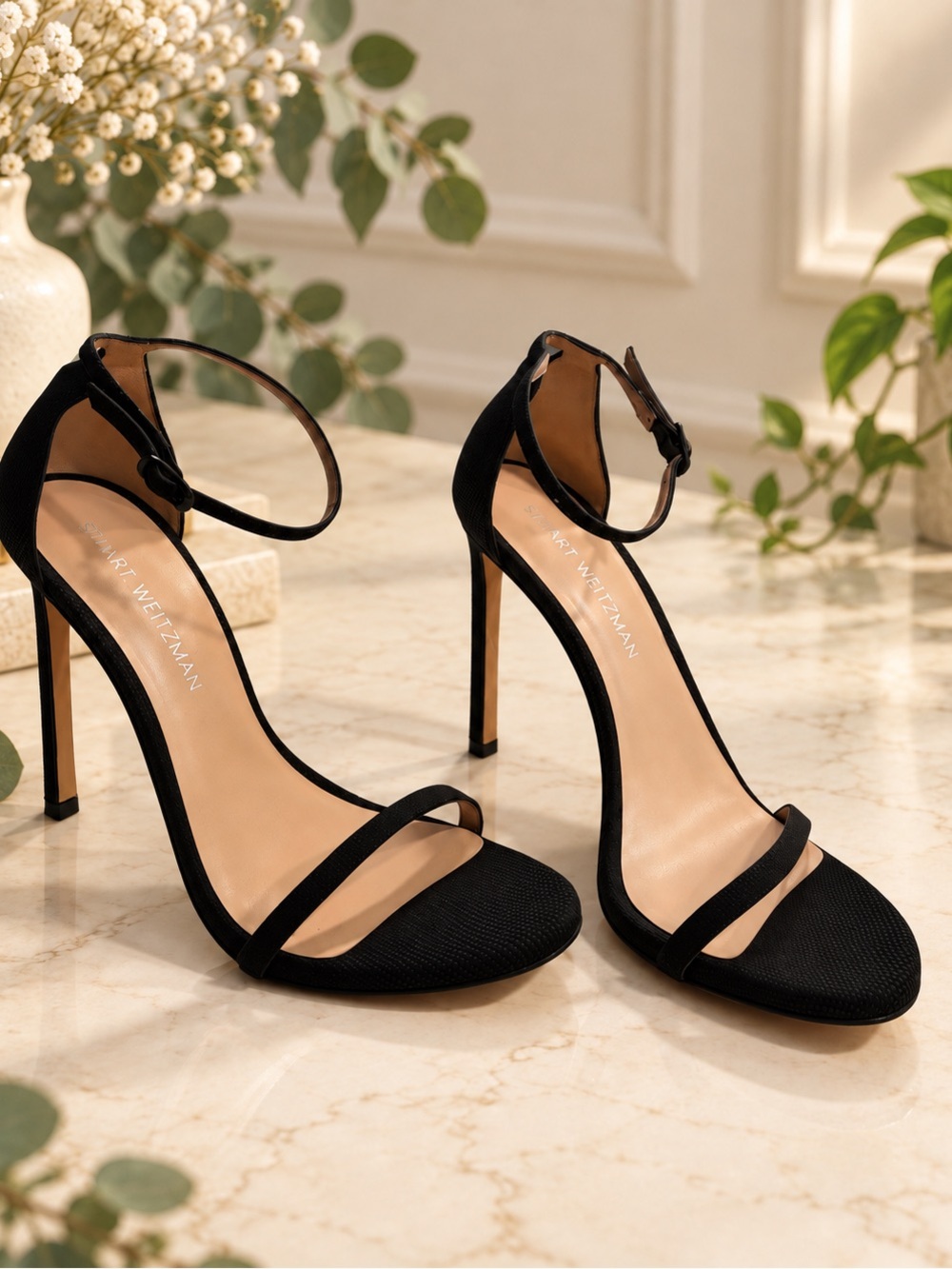Stuart Weitzman Black Textured Ankle Strap Stiletto Heels Size 9